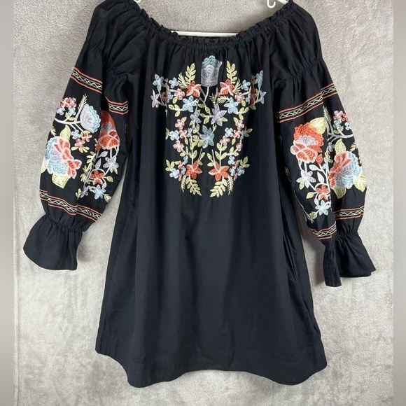 FREE PEOPLE Flour Du Jour Black Heavily Embroidered Floral Shift Dress Size XS - Picture 11 of 16